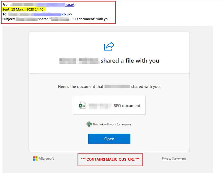 Similar real world example using the same style of email but this one is pretending to use an Excel doc instead of OneNote.